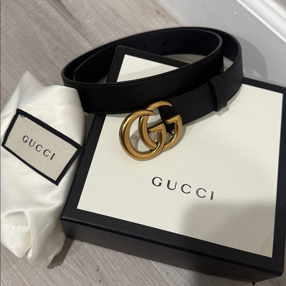 Gucci Black Leather Belt with Gold GG Emblem